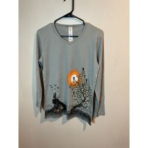 Needyme Womens Top Halloween‎ Print Long Sleeve V Neck Shirt Size Large NWT